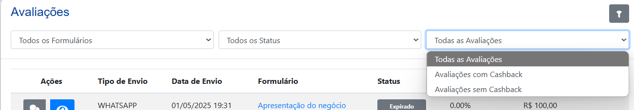 Filtro por Tipo de Avaliação