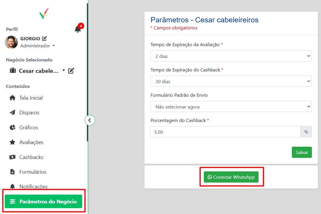 Configurações dos Parâmetros do Negócio
