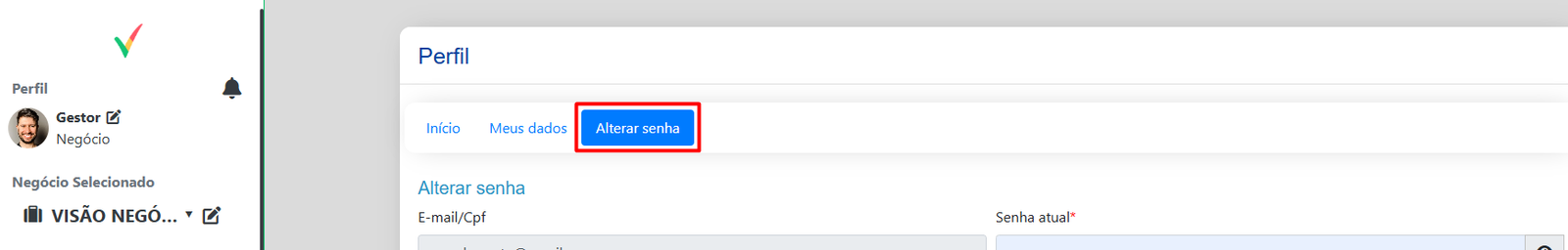 Tela de alteração de senha