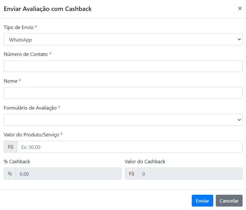 Tela de envio com cashback