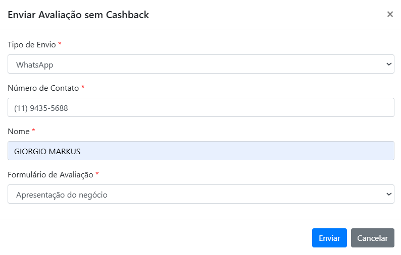 Tela de envio sem cashback
