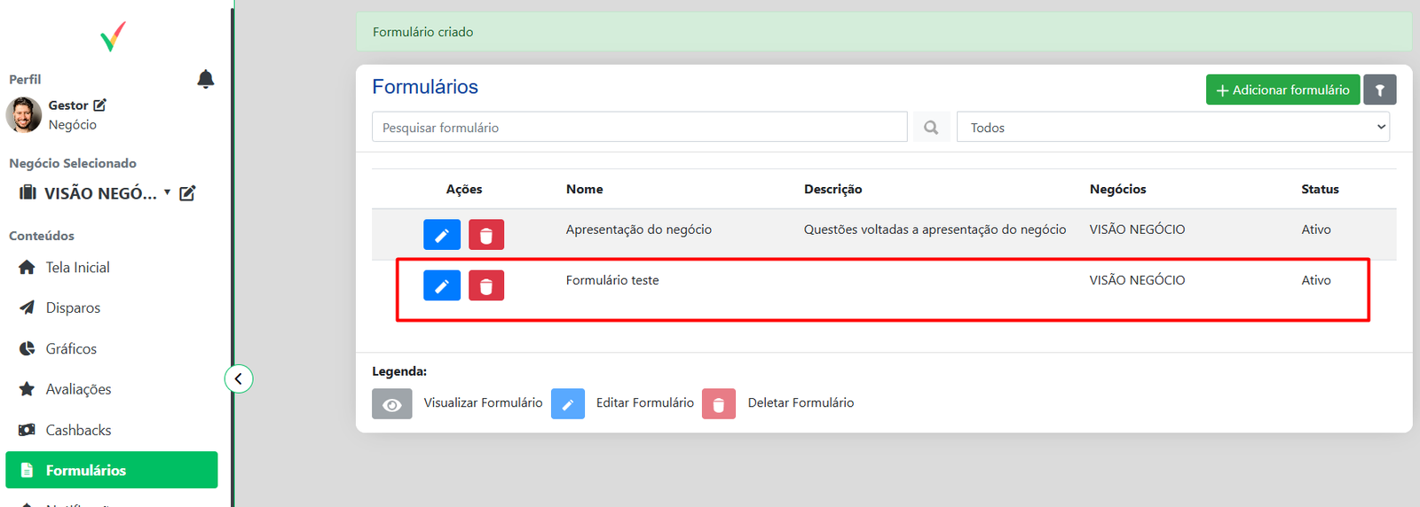 Formulário criado com sucesso