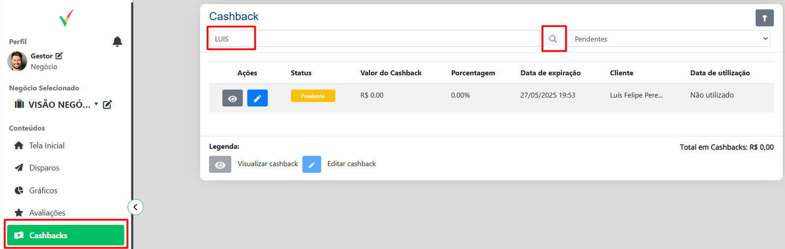 Pesquisa por cliente e status no menu de cashback
