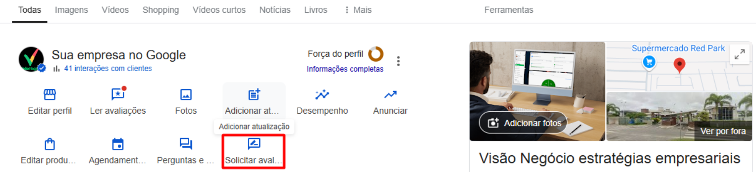 Card Solicitar avaliações no perfil da empresa