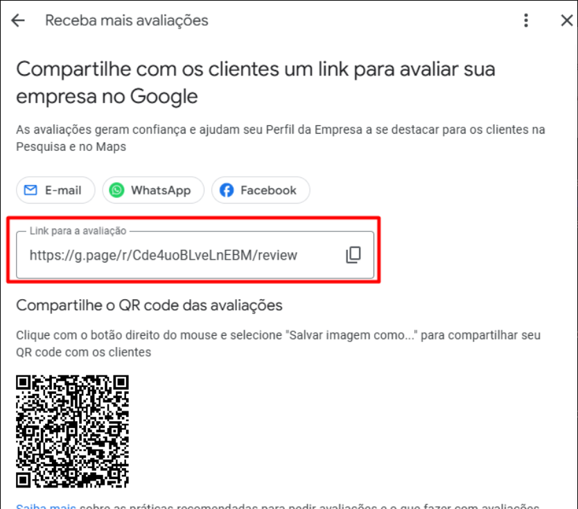 Campo Link para a avaliação no modal